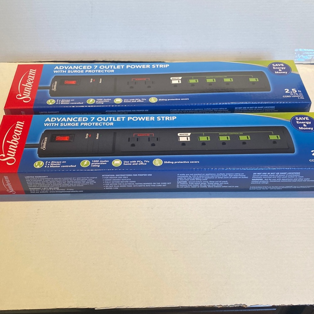 NIB Set of Two Advanced 7-Outlet Power Strips with Surge Protector